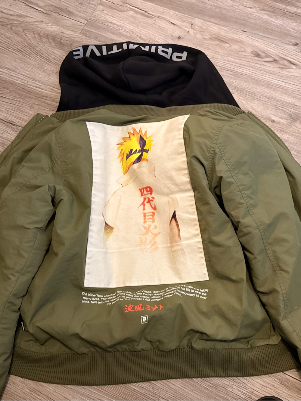 Naruto Primitive Olive Green Bomber Jacket with Hood and Anime Back Print